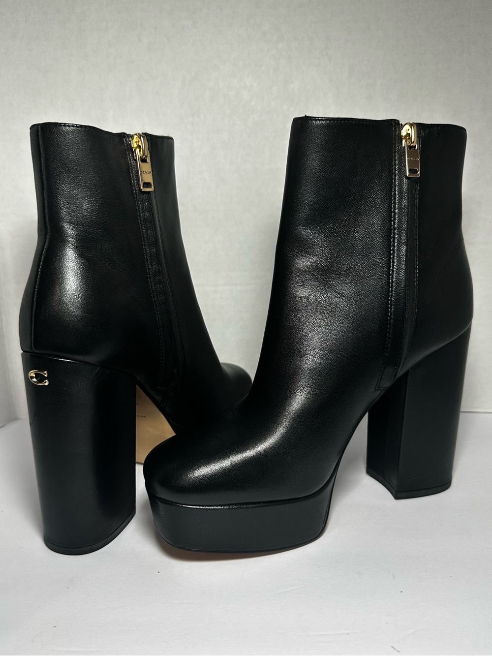 Coach Black Leather Platform Block Heel Ankle Boots “Iona Boot”